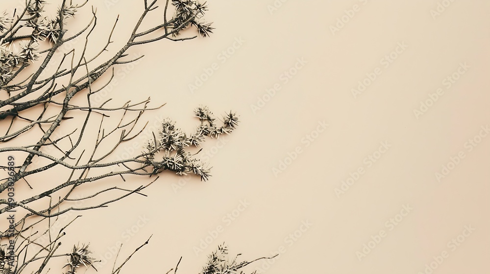 Poster abstract north nature scene with a composition of lichen pine branches and dry snags beige backgroun