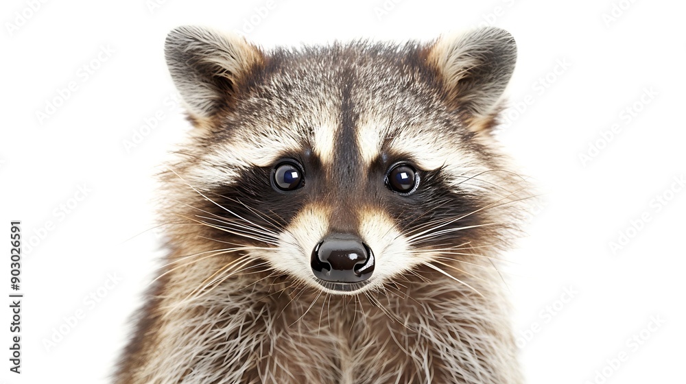 Poster portrait of a cute funny raccoon closeup isolated on a white background : generative ai