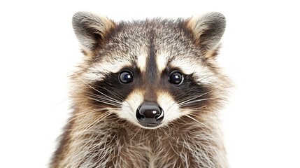 Fototapeta premium Portrait of a cute funny raccoon closeup isolated on a white background : Generative AI