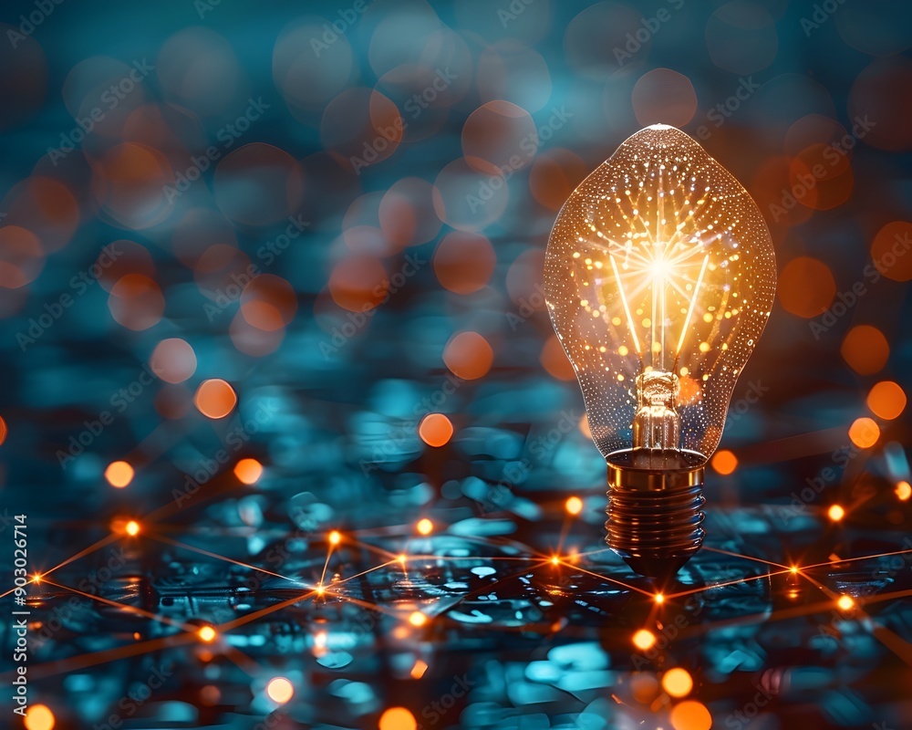 Poster light bulb surrounded by a network of interconnected ideas and concepts representing and idea
