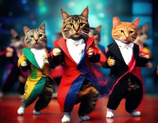 Colorful Cats Dancing in Tuxedos on a Vibrant Nightlife Stage
