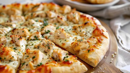 Chicken Alfredo pizza with garlic sauce