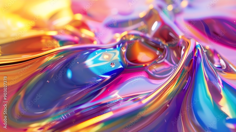 Poster A complex interplay of rainbow colors creates a liquidlike abstraction on a 3d glass surface with warped and stretched light : Generative AI
