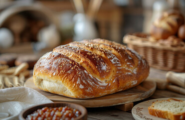 A loaf of bread sits on a wooden cutting board next to a bowl of jelly. The bread is freshly baked and looks delicious