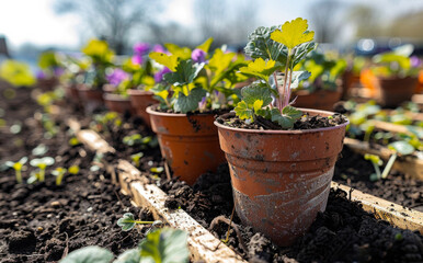 A row of potted plants sit on a dirt ground. The plants are in various sizes and colors, with some being purple and others green.