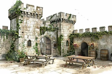 A historic castle courtyard transformed with medieval-themed decorations for a spirited St. George's Day banquet. 