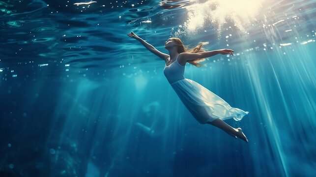 Magic and mystery hidden beneath the ocean Elegant young girl levitating underwater finding peace and calmness Concept of surrealism beauty mystery and fantasy freedom : Generative AI - Powered by Adobe