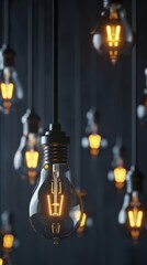 Many light bulbs hanging and glowing on dark background