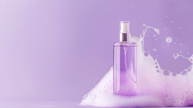 Bottle of skin care cosmetic product with foam on lilac background : Generative AI