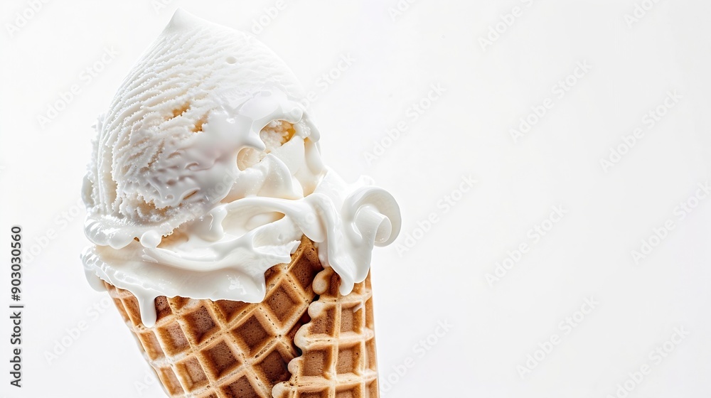 Poster Vanilla soft ice cream in waffle cone isolated on white background with clipping path : Generative AI