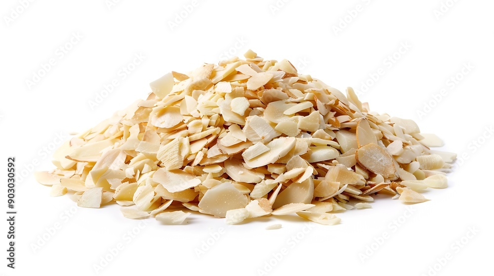 Poster heap of raw almond flakes isolated on white background focus stacking : generative ai
