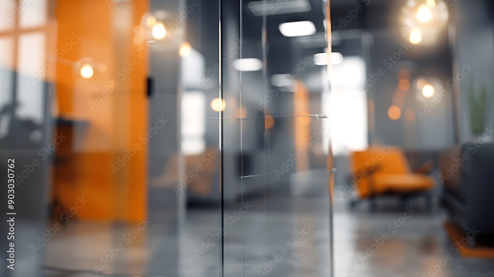 Poster beautiful blurred background of a modern office interior in gray tones with panoramic windows glass 