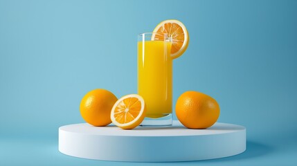 Naklejka premium Fresh orange and citrus juice with lab glasses in blue background round white podium for presenting product Advertising photo with copy space : Generative AI
