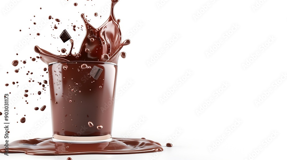 Poster glass of chocolate drinks with splash isolated on white background : generative ai