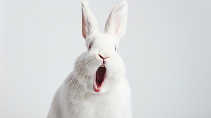 Obraz premium Studio portrait of white rabbit with mouth open against a white backdrop : Generative AI