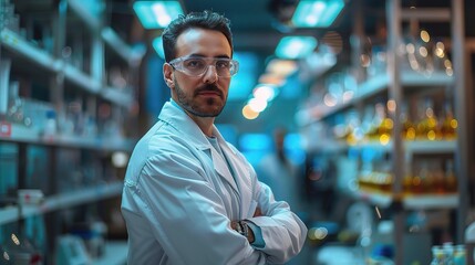 Fototapeta premium Scientific Expertise: A confident male scientist in a lab coat and protective glasses stands with his arms crossed, exuding an aura of knowledge and determination in a cutting-edge research facility.