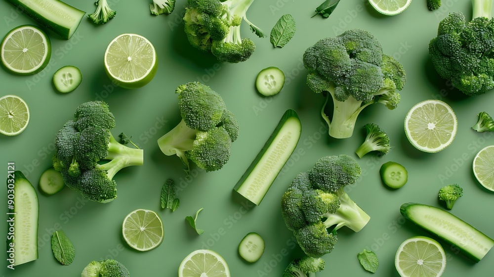Poster Creative layout made of broccoli cucumber and lime on the green background Food concept Macro concept : Generative AI