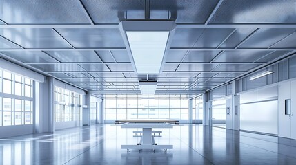 Fototapeta premium Interior of modern empty office buildingOpen ceiling designEquipped with automatic lifting table and LCD screen : Generative AI