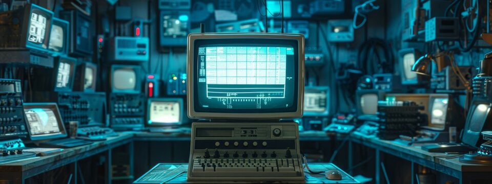 High-tech laboratory, a retro computer is placed on a computer console, the computer monitor screen flashes.