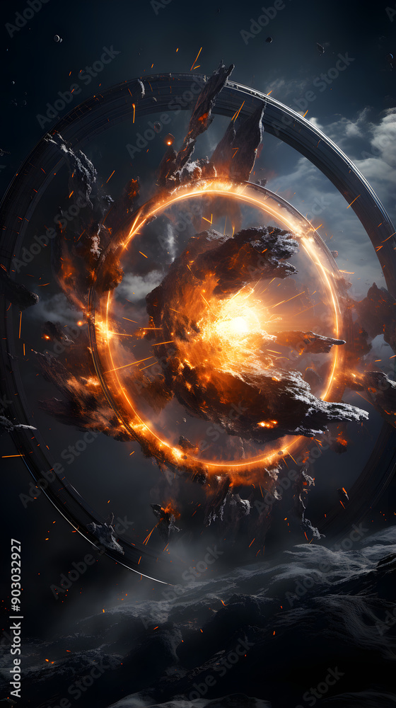 Wall mural a fiery explosion erupts within a ring of debris in space, creating a dazzling display of light and 