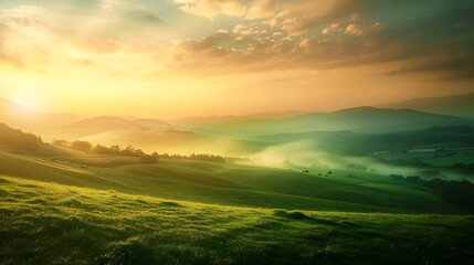 Fototapeta premium Beautiful sunset sky over green misty landscape hills : Generative AI