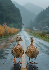 Fototapeta premium Two ducks standing on a wet road. The ducks seem to be enjoying their time on the road, despite the rain