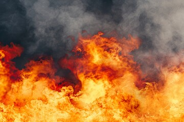 Dramatic fiery explosion, intense orange and yellow flames, smoke billowing
