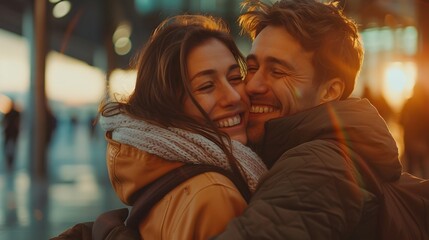 Fototapeta premium Joyous reunion and embrace between two loved ones at airport arrival