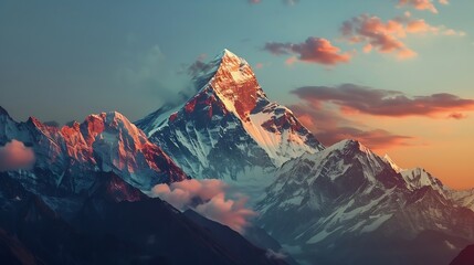 Dawn over the snow capped mountains Snowy mountain peak at dawn Sunrise in mountains Mountain sunrise landscape : Generative AI