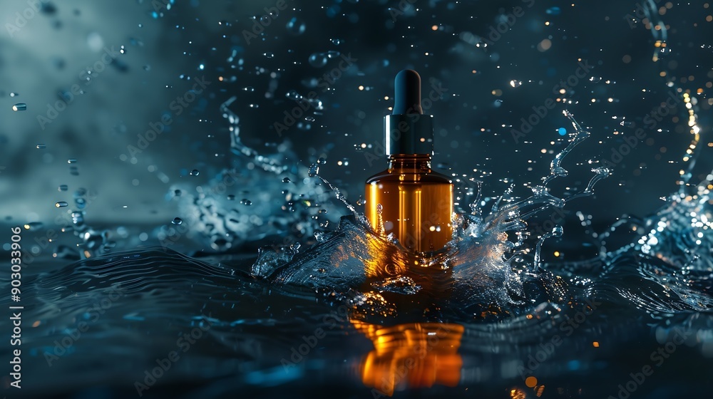 Poster serum bottle in water with splashes and waves : generative ai