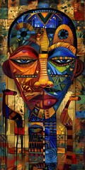 Obraz premium An abstract art painting of faces. The faces are all different sizes and are painted in a variety of colors. The painting has a dreamy, surreal feel to it. African artwork