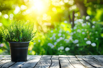 Inviting outdoor setting  sunlit table with potted plant, lush greenery, and blooming flowers