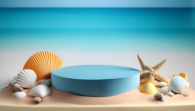  Beach Themed Podium Una piattaforma di prodotto 3D con elementi marini come conchiglie _1(7)