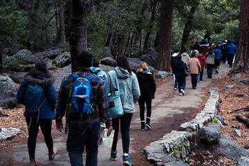 group of hikers in mountains in Yosemite