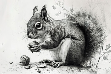 realistic pencil illustration squirrel with acorn, wild animal illustration, on white background © Margarita Vais 