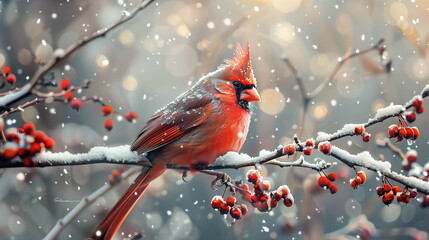 A cardinal perched on a branch covered in snowflakes