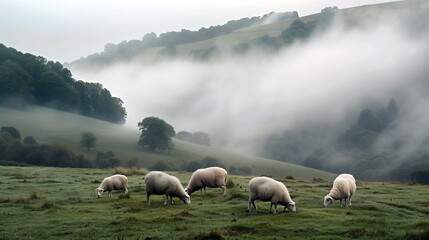 Fototapeta premium Sheep grazing on a mist-covered hillside. Misty Morning in the Hills