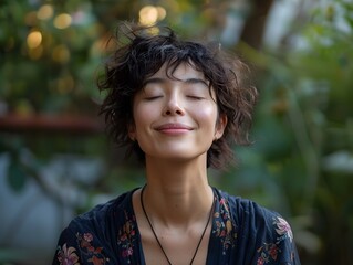 Woman Meditating with Serene Smile in Peaceful Nature Setting Human Emotions and Expressions Concept