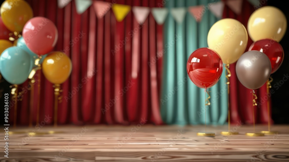 Poster a red curtain with a blue curtain behind it. a bunch of balloons are on the floor in front of the cu