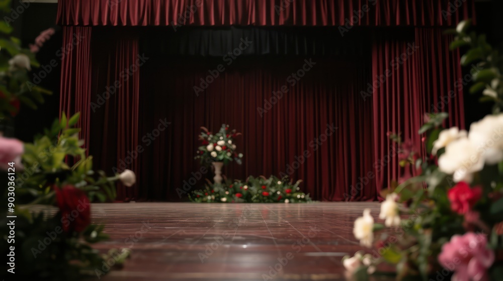 Poster a stage with a red curtain and a vase of flowers on it