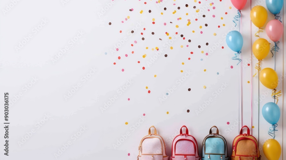 Poster A colorful display of backpacks and balloons. The backpacks are in various colors and sizes, and the balloons are in different colors and sizes as well. The scene is lively and festive