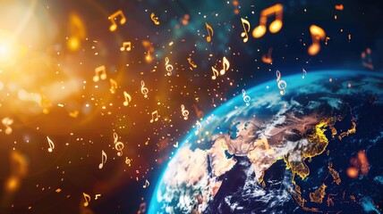 Obraz premium An image of musical notes floating across a globe, International Music Day