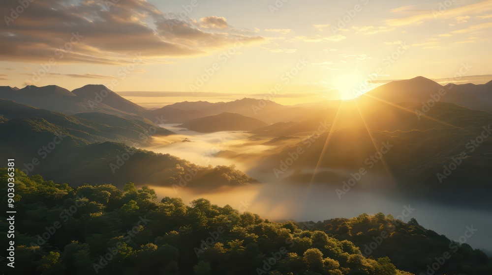 Aufkleber the sun is setting over a mountain range, casting a warm glow over the landscape. the misty atmosphe