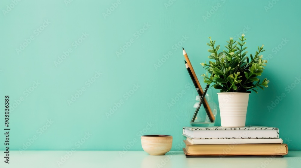 Poster a white potted plant sits on a table next to a stack of books and a bowl. concept of organization an