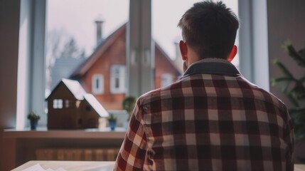 Fototapeta premium A person in a checkered shirt gazes out the window, contemplating a cozy house in the distance, evoking feelings of warmth and home.