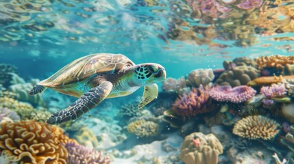 Fototapeta premium sea turtle swimming in crystal-clear waters, with vibrant coral reefs 