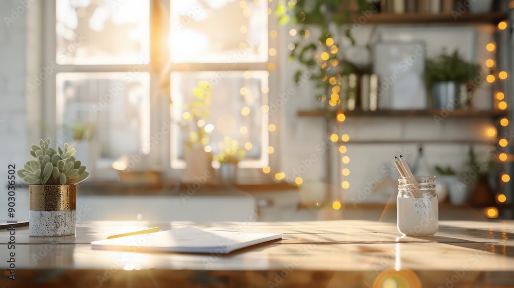 Poster a table with a jar of white paint and a notebook with a pen on it. the scene is bright and sunny, wi