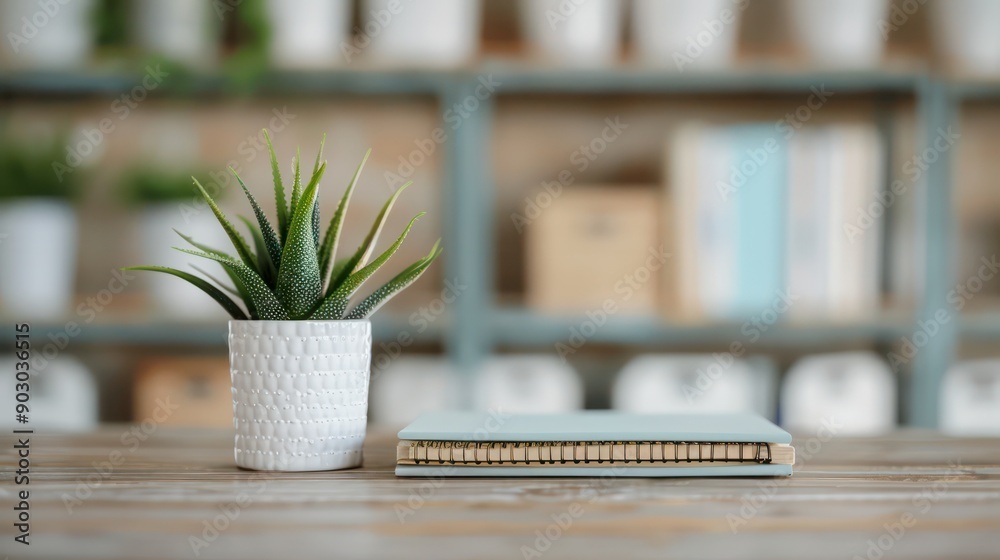Poster a white notebook sits on a wooden table next to a potted plant. the plant is a small cactus, and the
