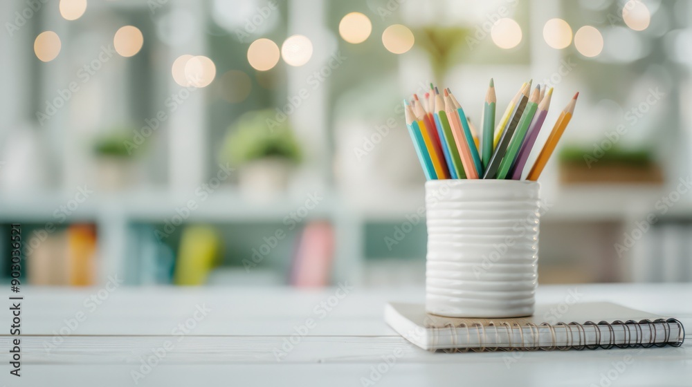 Aufkleber A white pencil holder with a bunch of colored pencils in it. The pencils are arranged in a row and are of different colors. The pencil holder is placed on a table next to a notebook