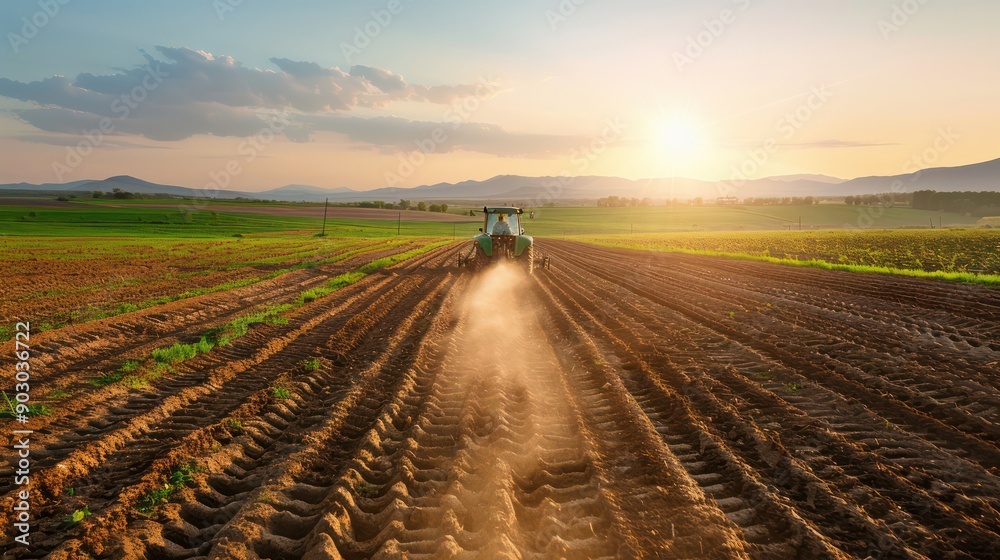 Poster a tractor is driving through a field of dirt. the sun is setting in the background, casting a warm g